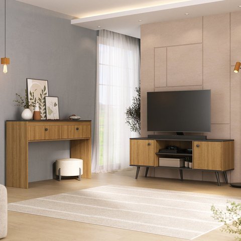 Conjunto Rack e Aparador Toquio Lamina Mel e Preto