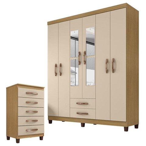 Guarda Roupa Casal Modena com Espelho 6 Portas e Cômoda Cannes 5 Gavetas Carvalho Americano Off Whit