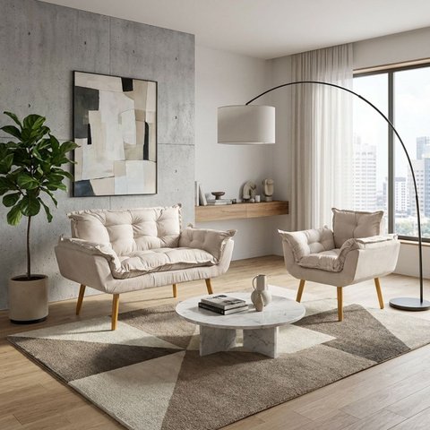 Kit Namoradeira e Poltrona Decorativa para Sala Recepção Manicure Consultório Alice Tecido Suede