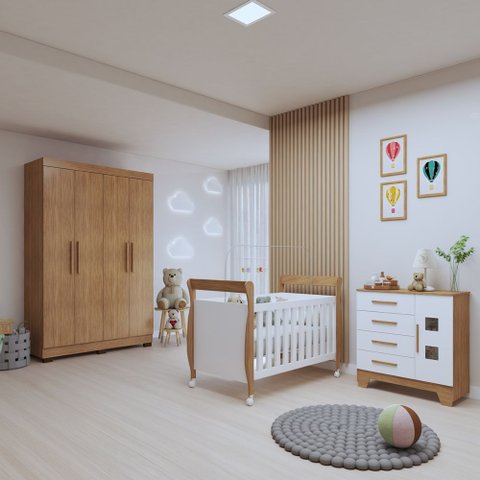 Quarto de Bebê Completo Guarda-Roupa, Berço e Cômoda Manu Tigus Baby