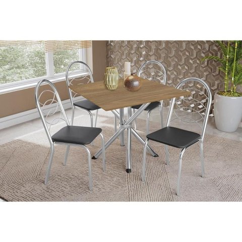 Conjunto: Mesa Sala Jantar Volga C/ Tampo de Madeira 90cm e 4 Cadeiras Holanda Cromado/nogueira -