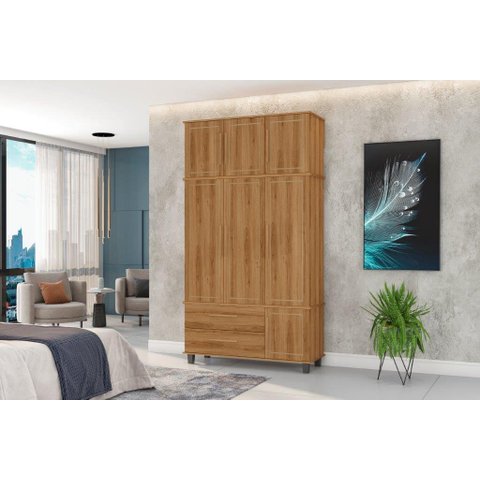 Roupeiro / Guarda Roupas Hou Triplex 3 Portas + 2 Gavetas com Cabideiros em Alumínio Cor Nature Pz