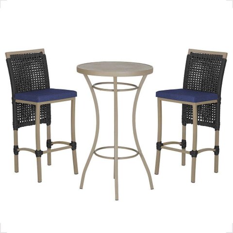 Mesa Bistrô e 2 Banquetas Roma Fendi Corda Estofado 10 Trama Preto