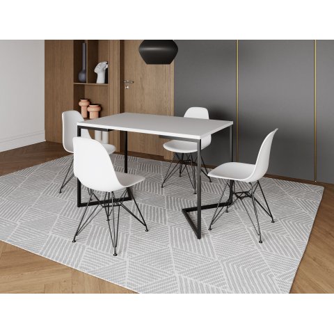 Mesa Industrial Base Ferro Preto em  V  Tampo 137x90 Branco 4 Cadeiras Assento Branco Ferro Preto
