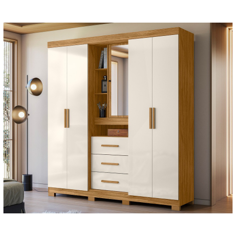 Guarda Roupa Solteiro Ambiente Eldorado 5 Portas Freijó Off White com Espelho Cod 683.005
