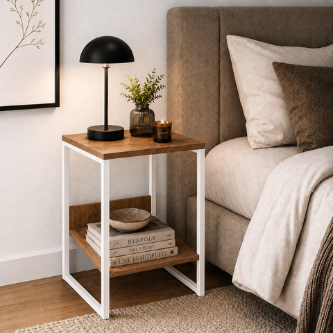 Mesa Cabeceira de Cama Criado Industrial Base de Ferro Branco Tampo Amêndoa