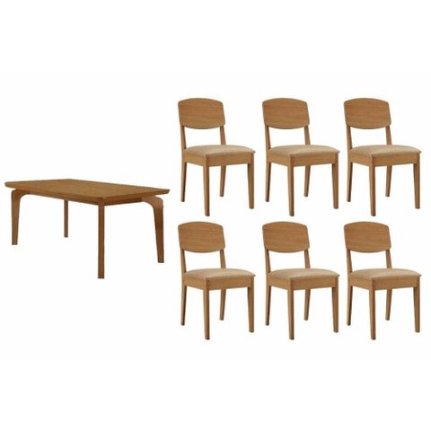 Conjunto: Mesa Sala Jantar Londrina C/ Tampo Madeirado Canto Curvo 180x90cm e 6 Cadeiras Havana