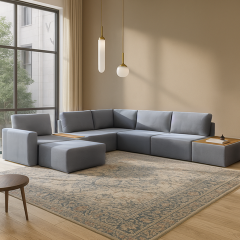 Sofá de Canto 5 Lugares com Chaise Modular Moderno Premium Veludo Cinza Escuro Agatha