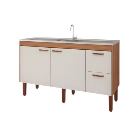 Gabinete de Cozinha 100% MDF Armário 144cm 2 Gavetas Branco:Freijó/Off White