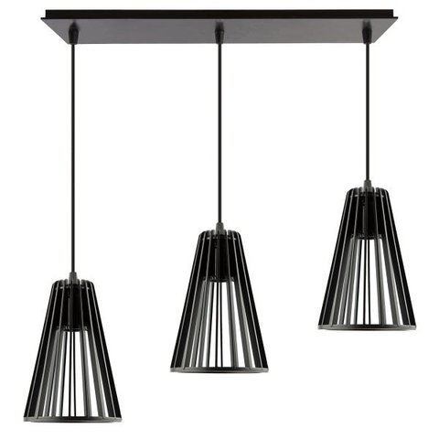 Luminária Pendente Triplo Madeira Koni 20cm CQ Soquete E27 Preto