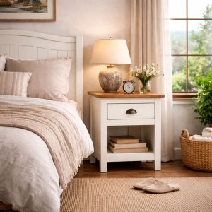 Mesa de Cabeceira Madeira Maciça Boho Rústica Mesinha Quarto:branco