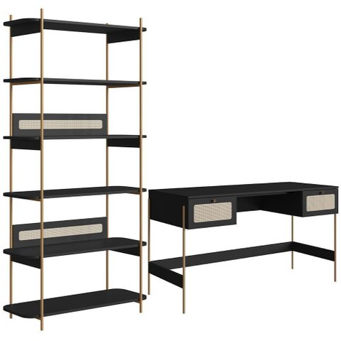 Estante Livreiro Home Office e Mesa Escrivaninha Industrial Indy A03 Nero Dourado