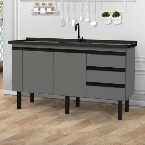 Gabinete de Cozinha 3 Gavetas Armário de Pia 2 Porta 144cm: Cinza Fosco