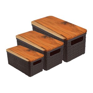 Kit 3 Cesto Organizador Juta de Plástico Resistente com Tampa de Madeira Capacidade Preto