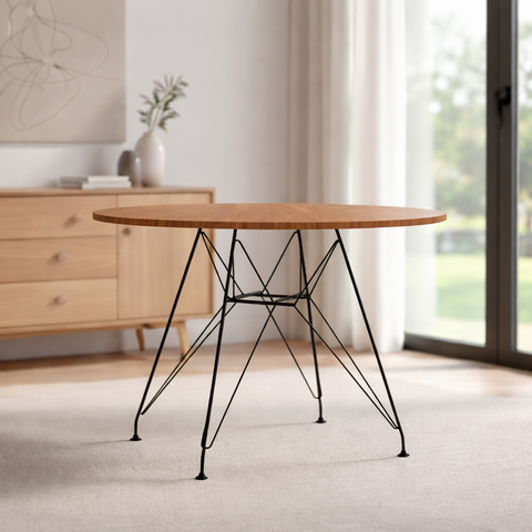 Mesa Eiffel Redonda 110cm Tampo de Madeira Amendôa com Base de Ferro Preto
