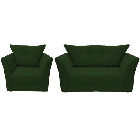 Kit Namoradeira + 1 Poltrona Decorativa Isis Suede Verde Pés Madeira Ms Decor