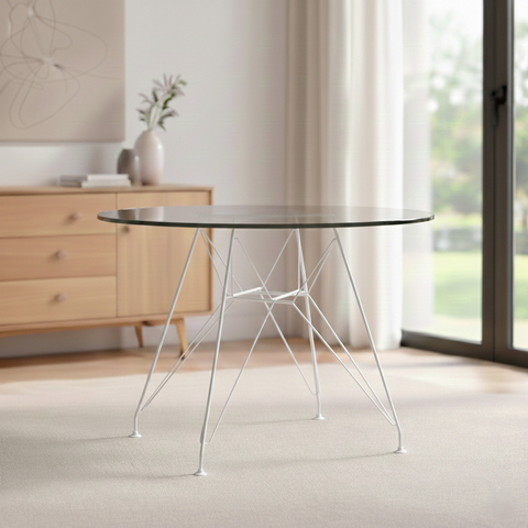 Mesa Eiffel Redonda 110cm Tampo de Vidro com Base de Ferro Branco