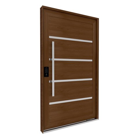 Porta de Alumínio Pivotante com Friso Puxador Fechadura Digital 225cm x 130cm Lucasa Eccellente Branco/Marrom