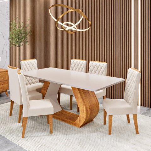 Conjunto Sala de Jantar 6 Lugares Retangular Tampo em MDF Store Bege/Mel/Blonde
