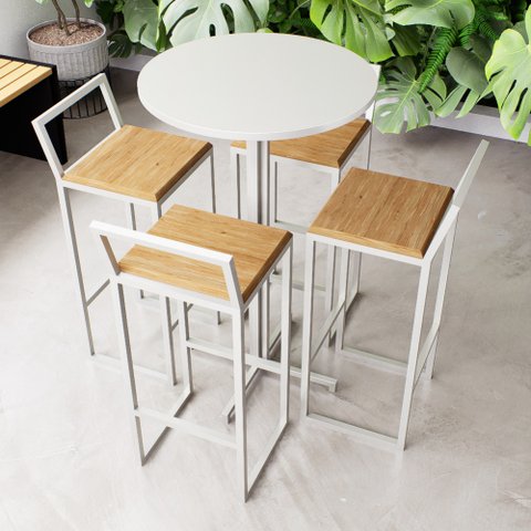 Conjunto Mesa Alta Bar Bistrô Redonda Branca 4 Banquetas Confort Pinus Industrial White Don Castro D