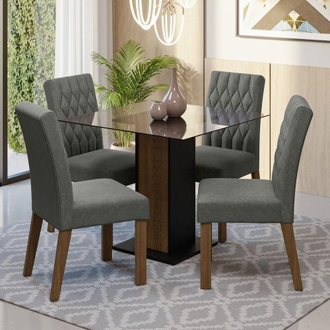 Conjunto Sala de Jantar Mesa Tampo de Vidro 4 Cadeiras Rustic/preto/silver Noemi Madesa