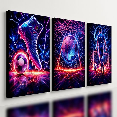 Kit 3 Quadro Decorativo Futebol Jogador Bola Neon Quarto Qualidade Premium Moderno 28x20cm