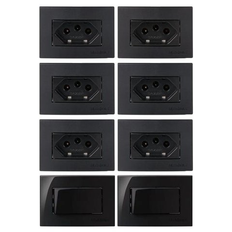 6 Tomada 3 Pinos 10a + 2 Interruptor Móvel Embutir Preto