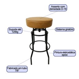 Banqueta Bar Altura 65cm Giratória Cor Preta Assento Cor Caramelo Grosso Poltronas do Sul 517 - 2