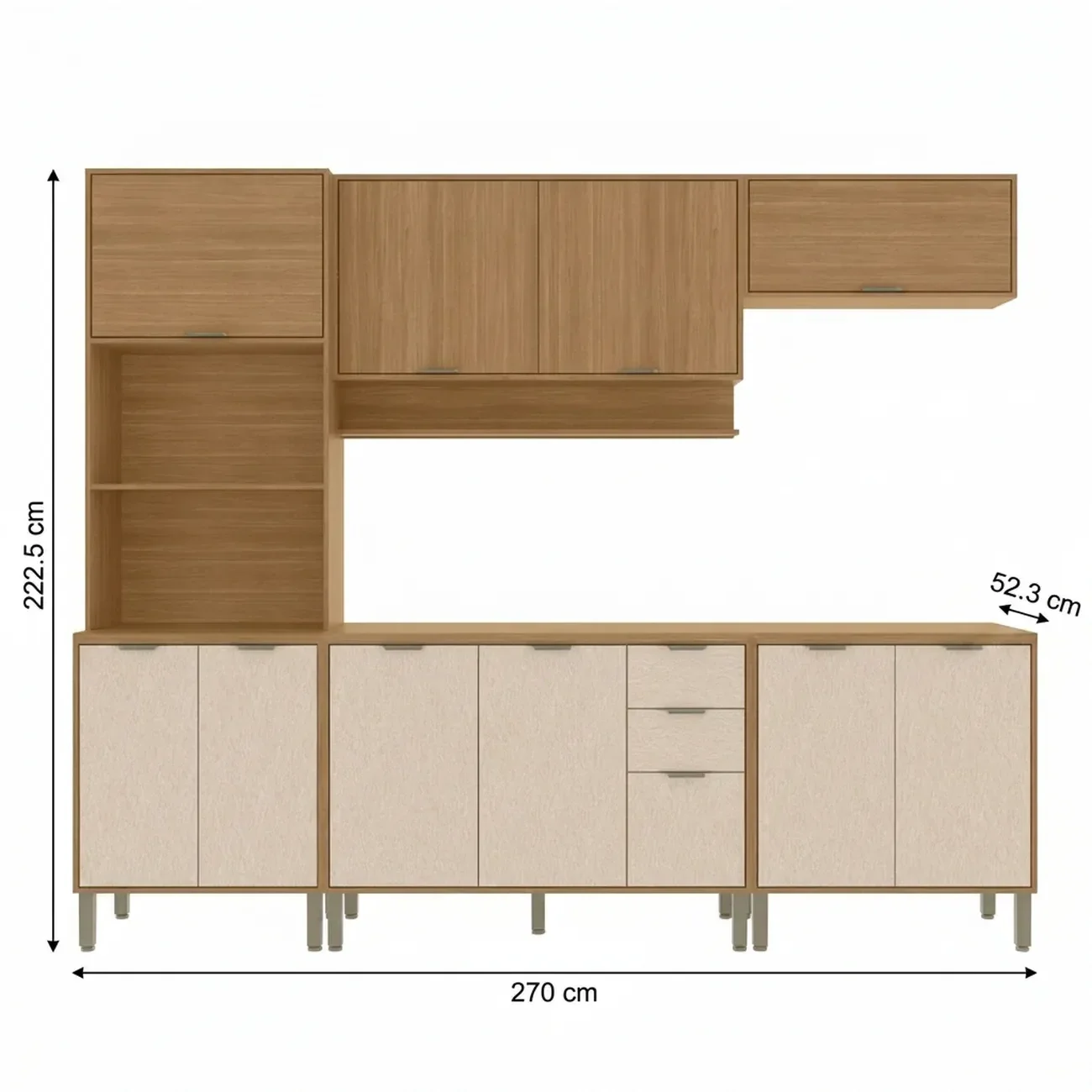 Ver imagem 3 de Cozinha Compacta Modulada 5 Peças 270cm 11 Portas e 2 Gavetas Colors Marrom Freijó/Nazca