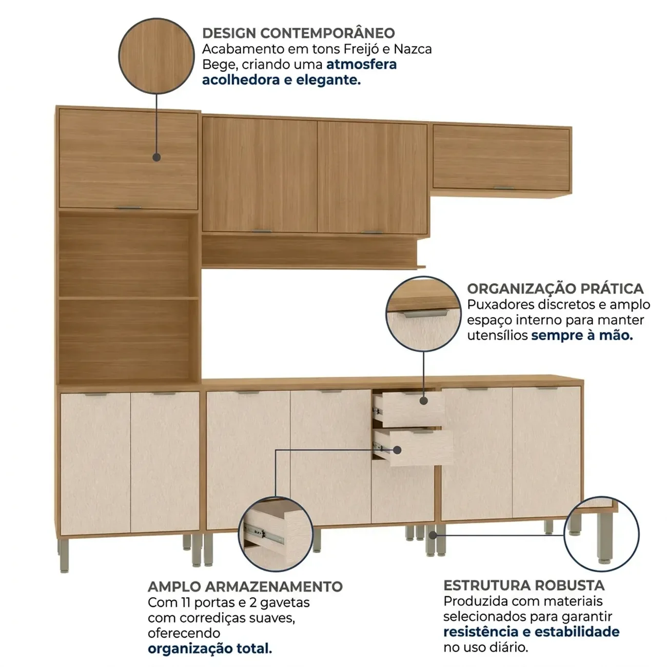 Ver imagem 5 de Cozinha Compacta Modulada 5 Peças 270cm 11 Portas e 2 Gavetas Colors Marrom Freijó/Nazca