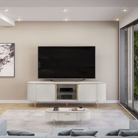 Bancada Decorativa Tv 65" Deep 2 Portas Prateleira Vidro Offwhite G18 - Gran Belo