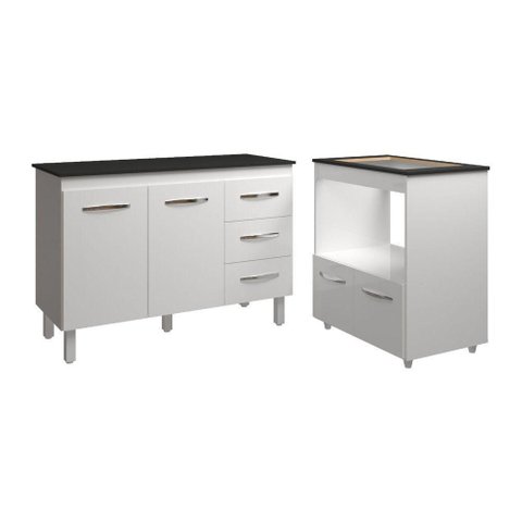 Balcão Armário Gabinete Bruna 118 Cm Branco com Tampo Preto e Balcão Evelyn para Cooktop 4 Bocas