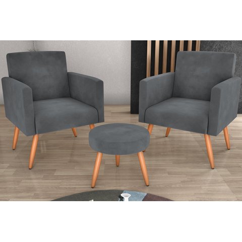 Kit 2 Poltronas + Puff Dallas Veludo Cinza E425 - Matrix