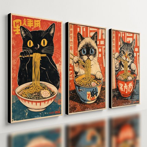 Kit 3 Quadro Decorativo Gato Japonês Sushi Restaurante Qualidade Premium Moderno 28x20cm