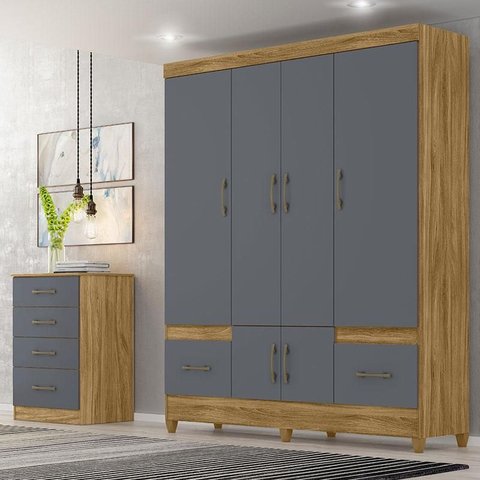 Guarda Roupa Casal Ambiente Ms912 e Cômoda Ms913 Freijó Cinza – Moval