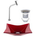 Ver imagem 1 de CUBA DE VIDRO RETANGULAR 39CM VERMELHO CEREJA + VALVULA CLICK + TORNEIRA
