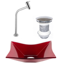 Ver imagem 1 de CUBA DE VIDRO RETANGULAR 39CM VERMELHO CEREJA + VALVULA CLICK + TORNEIRA