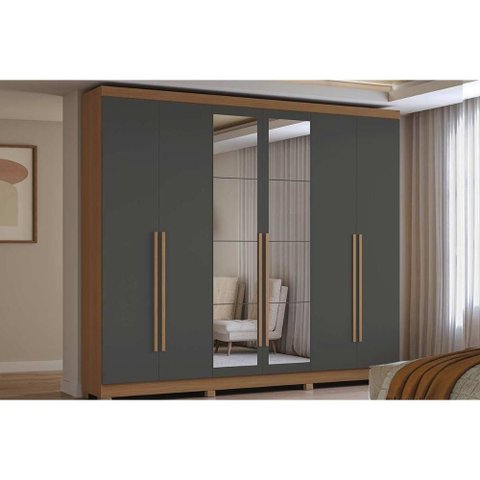 Guarda Roupa 6 Portas (2 c/ Espelho) e 3 Gavetas c/ Pés CB01T580 Canela/Grafite - Kappesberg