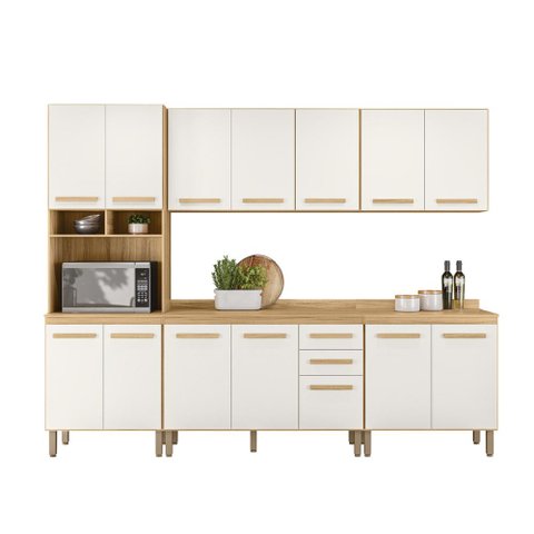 Conjunto de Cozinha Bergamo Modulado com 14 Portas 2 Gavetas Freijo/off White