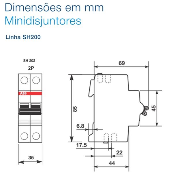 Disjuntor Bipolar ABB SH202 T 32A Curva C Norma DIN - 5