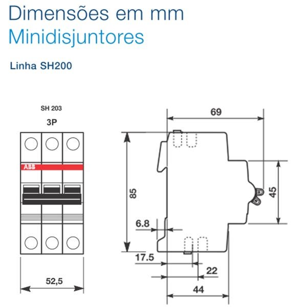 Disjuntor Tripolar ABB SH203 T 10A Curva C Norma DIN - 6