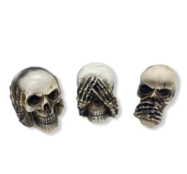 Trio Crânio sentidos em resina 6 cm cor marfim patinado - proteção - 1