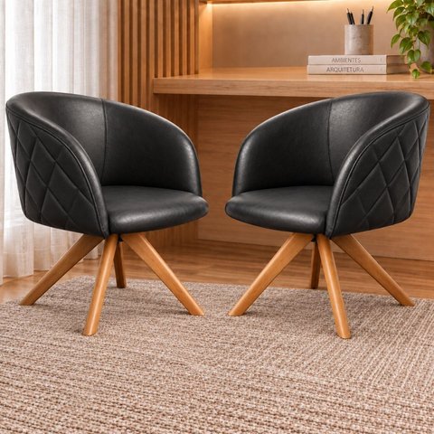 Kit 2 Poltronas Giratória Corino Premium Base Madeira Maciça Maya
