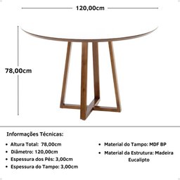 Mesa de Jantar Redonda Lara Premium 120cm em Madeira Maciça e MDF - Branco - 6