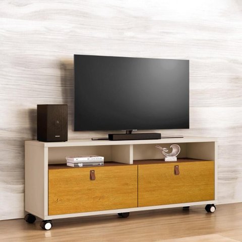 Rack Xangai para TV 55 Polegadas 145cm com Gavetas Off White e Naturalle Carmolar Móveis