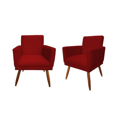 Kit 2 Poltronas Decorativa Nina Riscado Suede Vermelho Pés Madeira Ms Decor