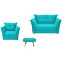 Ver imagem 1 de Kit Namoradeira + 1 Poltrona Decorativa Isis + 1 Puff Retangular Suede Azul Tifany Pés Madeira Ms De