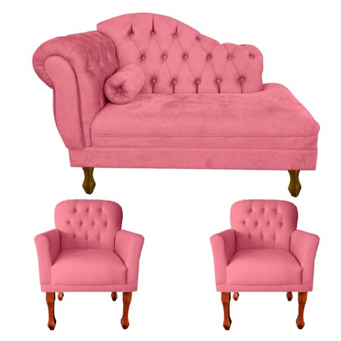 Jogo Divã 120cm Modelo Imperial + 2 Poltronas Stephany Suede:rosa