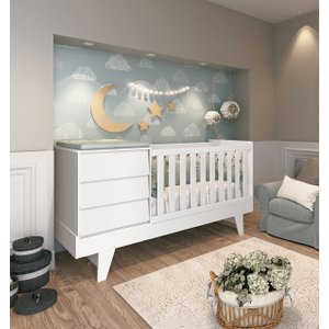 Berço Americano Branco Fosco Prince Vira Mini Cama e Trocador Vira Mesa de Cabeceira Infantil - Rell