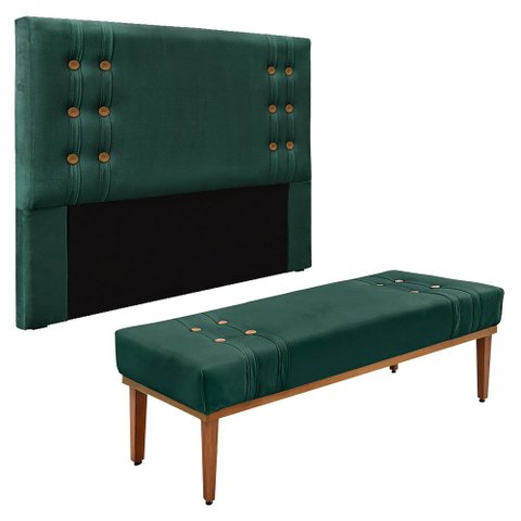 Kit Cabeceira e Calçadeira Recamier Casal 1,40m Gênova Veludo - Pallazio Verde Floresta